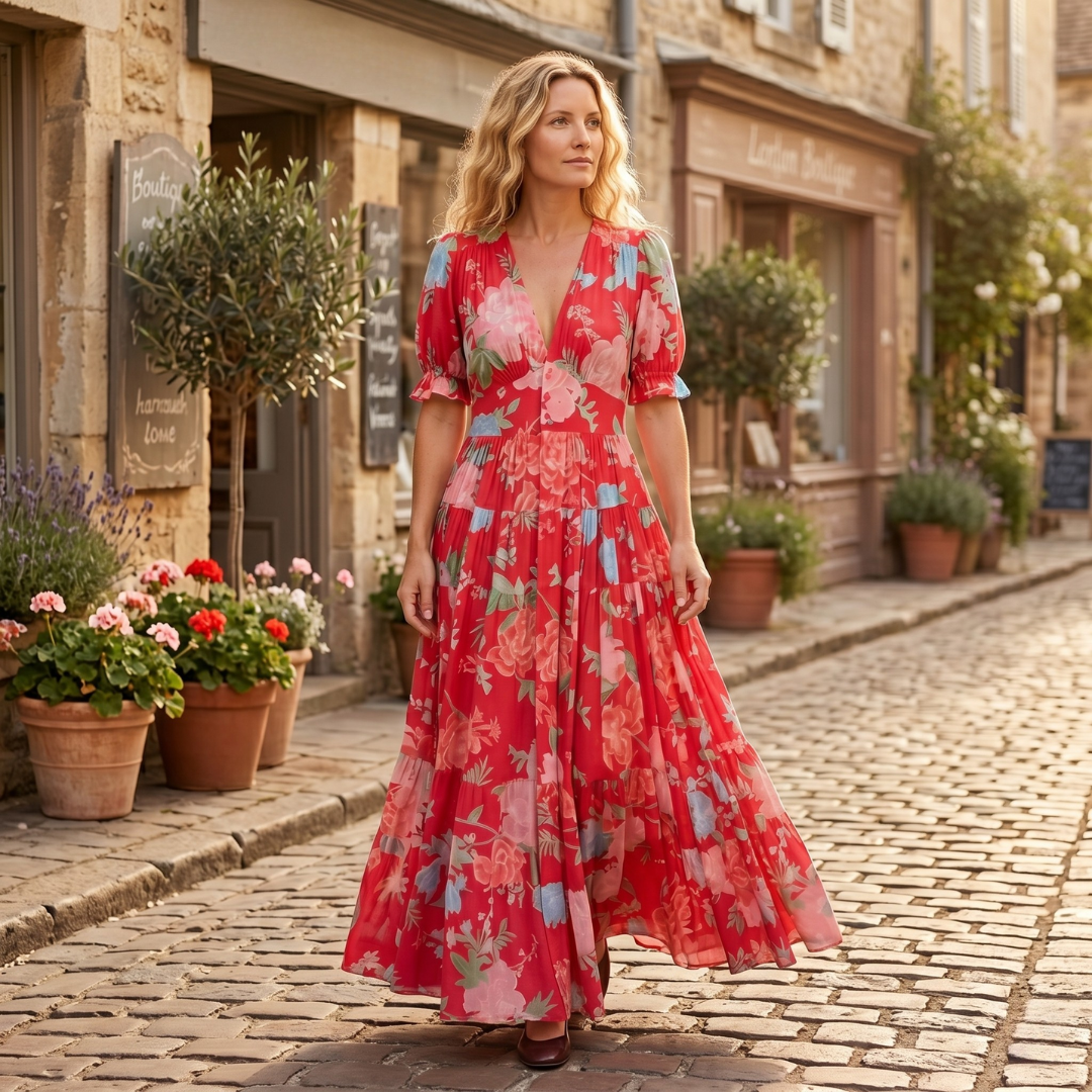 Elegantes Blumen-V-Ausschnitt-Kleid
