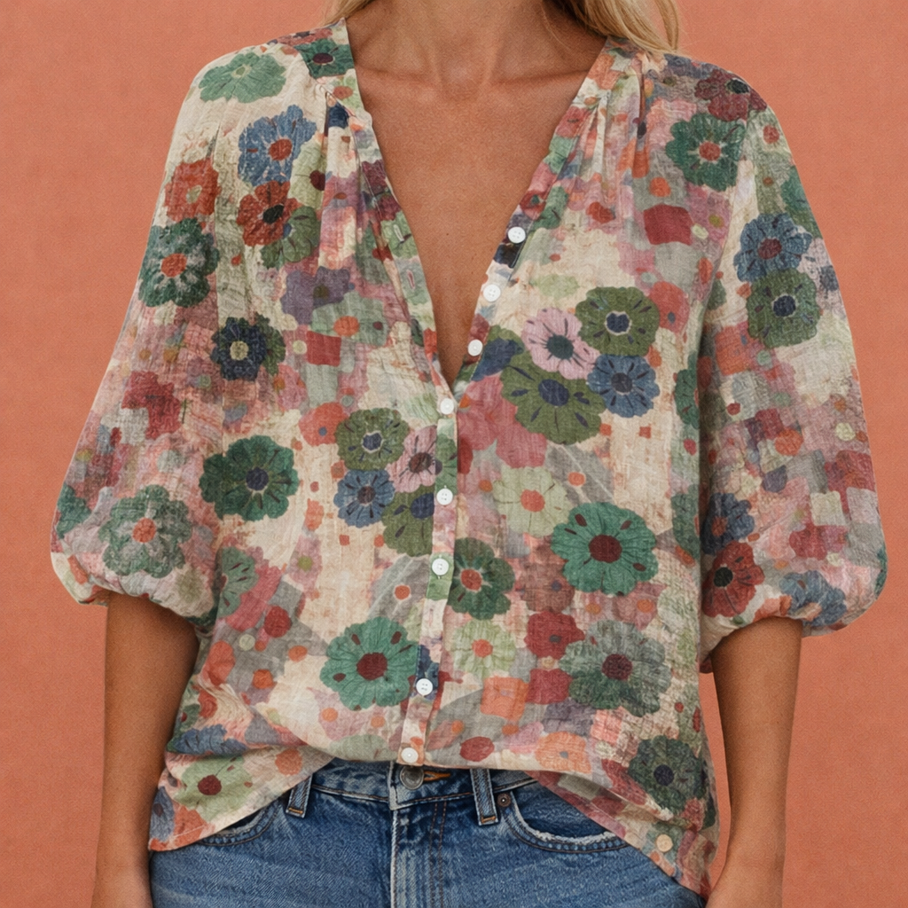Damen V-Ausschnitt Bedruckte Bluse mit Knopfleiste