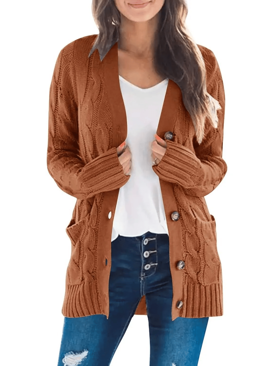 Strickjacke mit offenem Vorderteil und Zopfmuster