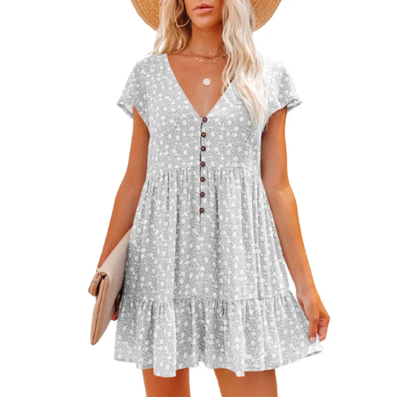 Damen Sommer Blumen V-Ausschnitt A-Linien Minikleid