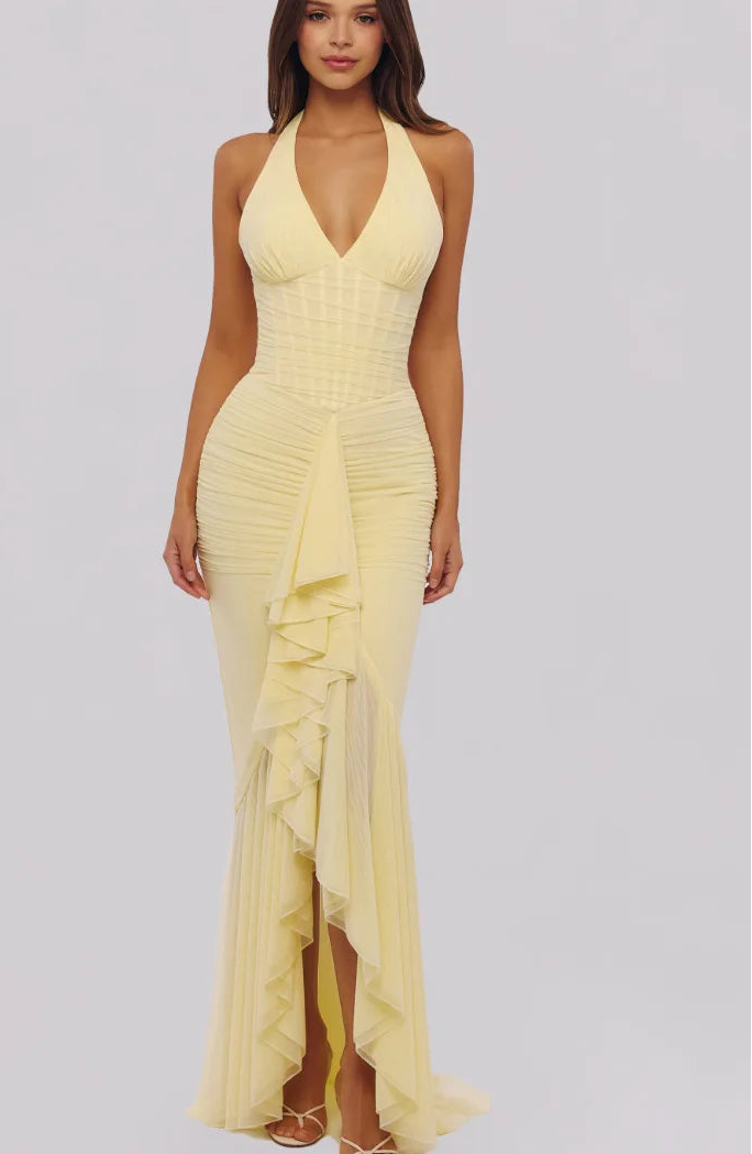 Maxikleid mit Neckholder und Raffung für Hochzeitsgäste