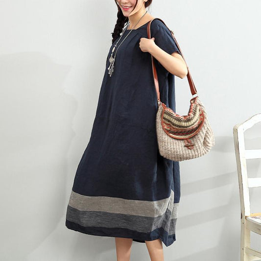 Marga® | Blaues übergroßes Leinen-Sommerkleid mit Schlitz-Ausschnitt Maxi-Design