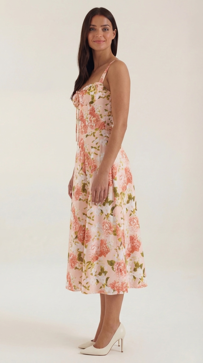 Damen Midikleid mit Blumenmuster Hochzeitsgastkleid