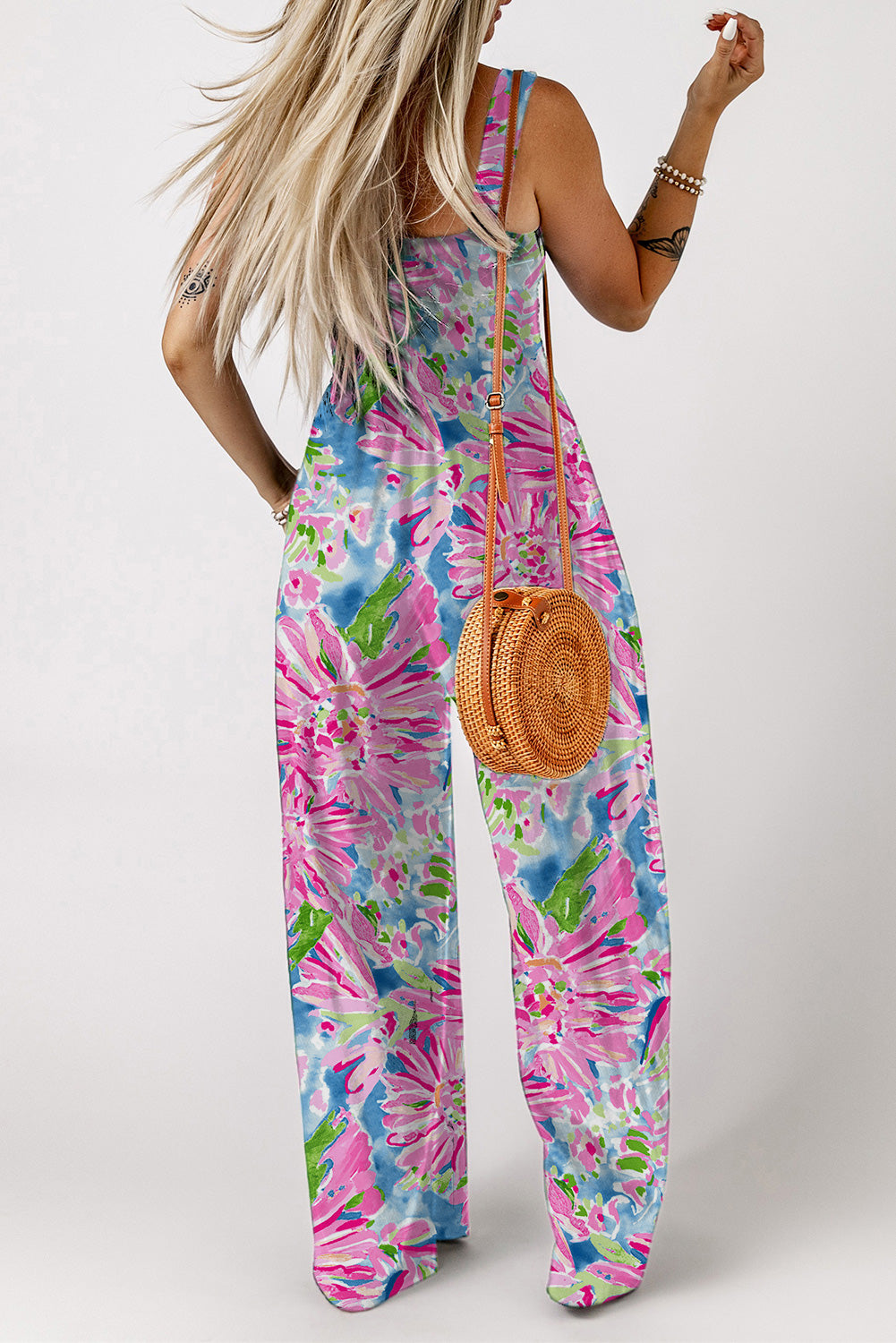 Floral bestickter Jumpsuit mit quadratischem Ausschnitt und Taschen
