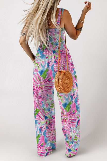 Floral bestickter Jumpsuit mit quadratischem Ausschnitt und Taschen