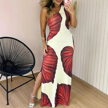 Elegantes Maxikleid mit Palmenprint und einseitigem Träger
