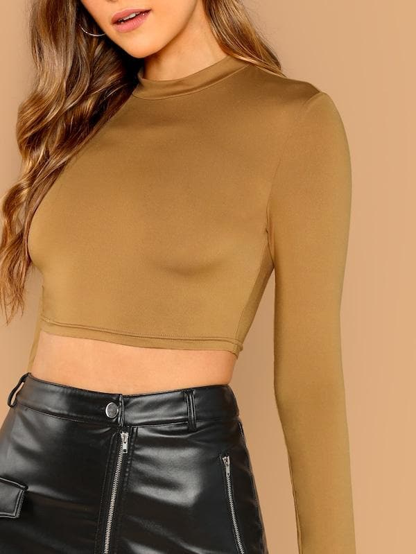 Damen Slim Fit Stehkragen Langarm Crop Top