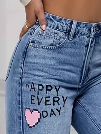 High-Waist Weitbein Grafik Denim Jeans