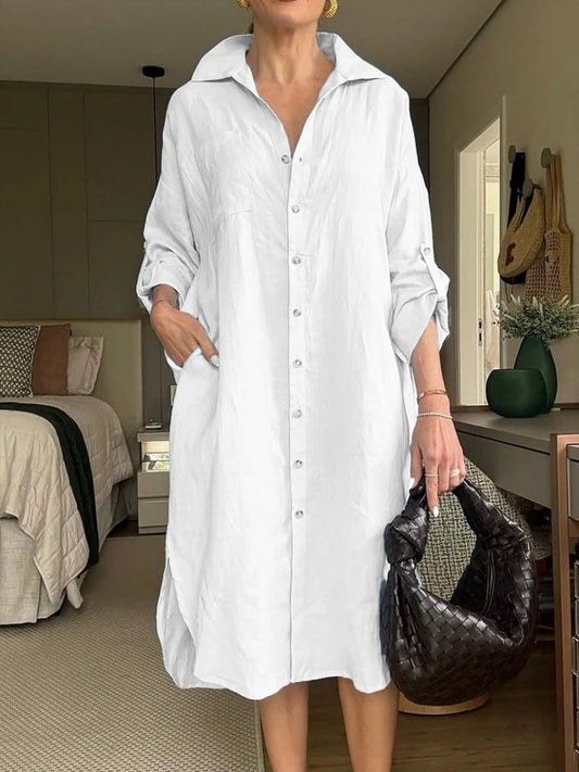 Lässiges Baumwoll-Leinen-Kleid mit Rüschen und quadratischem Ausschnitt