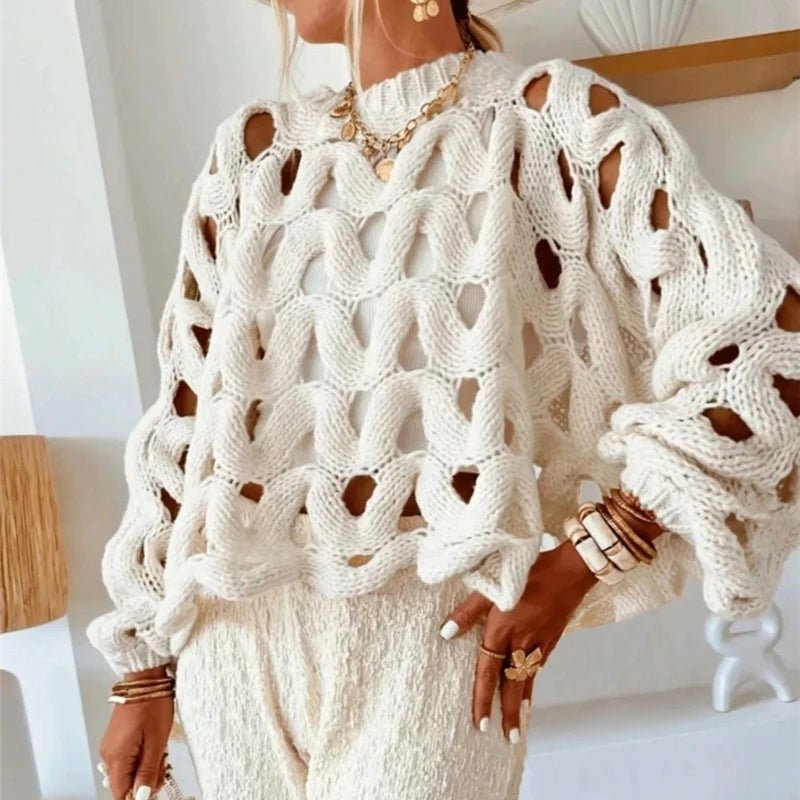 Damen Pullover mit langen Ärmeln und Häkelstrickmuster