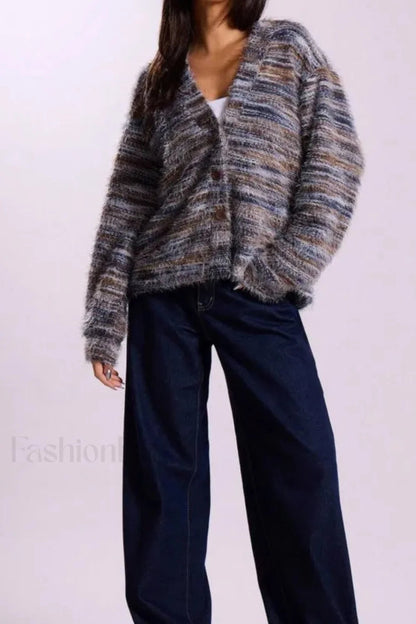 Gemütlicher Vintage Streifen V-Ausschnitt Strickcardigan