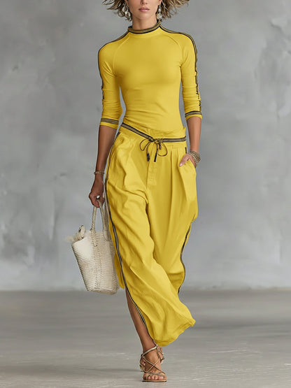 Damen Set aus gemütlichem Stretch-Strickoberteil und Leinen-Baumwollhose