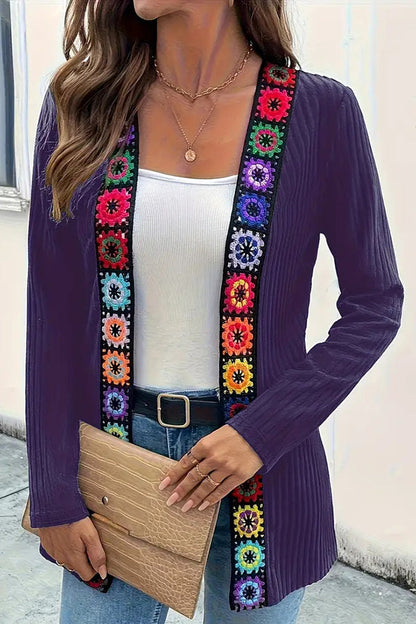 Boho Strickcardigan mit Blumenrand und langen Ärmeln