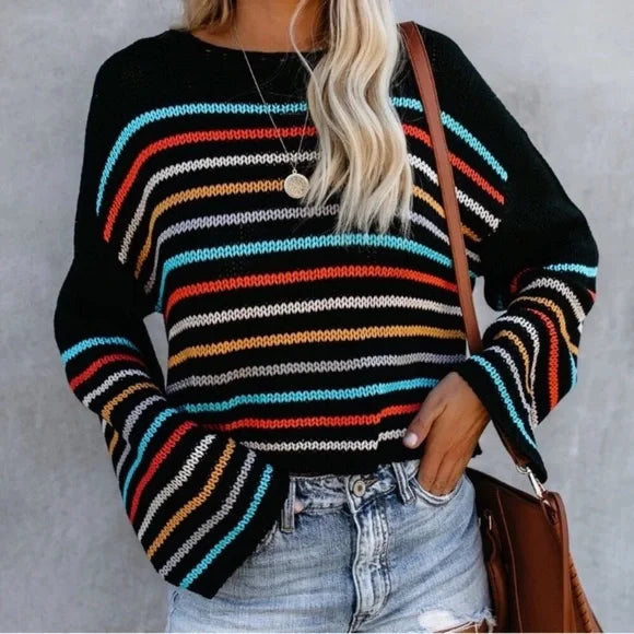 Gemütlicher gestreifter V-Ausschnitt-Strickpullover für lässigen Komfort