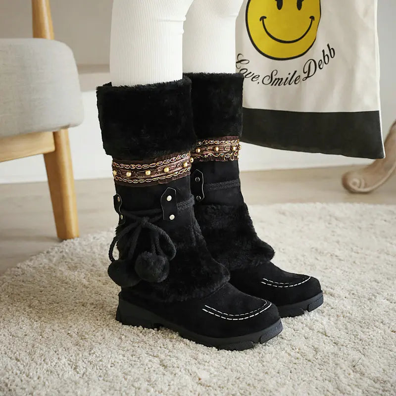 Boho Chic Kunstwildleder knielange Winterstiefel