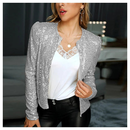 Glänzende Pailletten-Partyjacke mit Frontreißverschluss