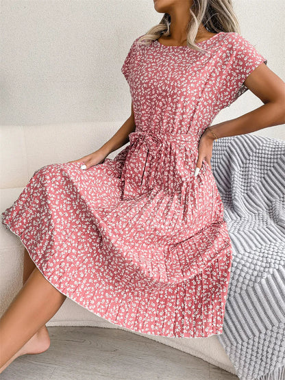 Geblümtes Plissee A-Linien Maxikleid