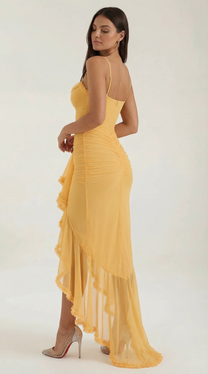Damen Maxikleid mit Volants und asymmetrischem Saum