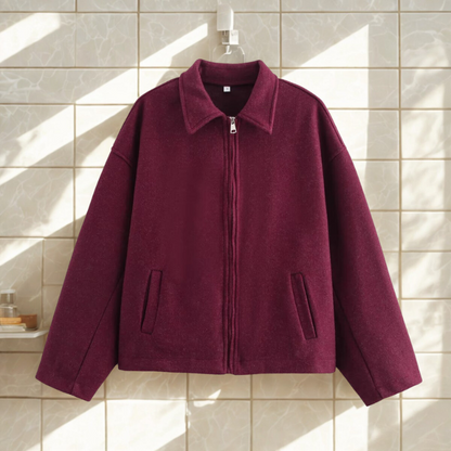 Boxy Fit Damenkurzjacke mit spitzem Kragen und Frontreißverschluss