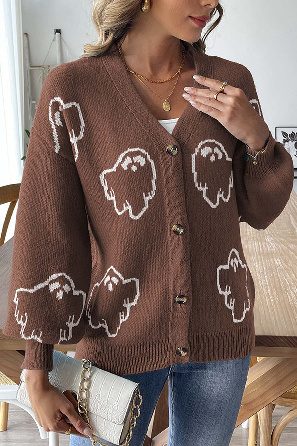 Gemütlicher gestrickter Halloween-Geister-Pullover mit Knopfleiste