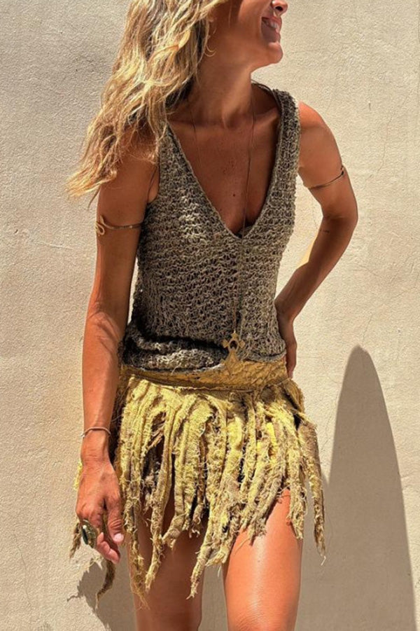 Boho Gestricktes V-Ausschnitt Hohl Lockeres Tanktop