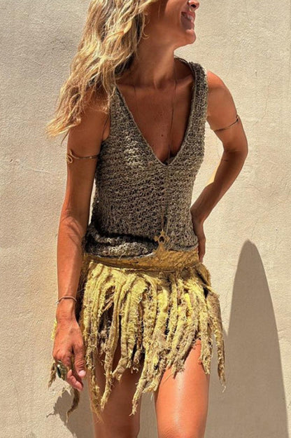 Boho Gestricktes V-Ausschnitt Hohl Lockeres Tanktop