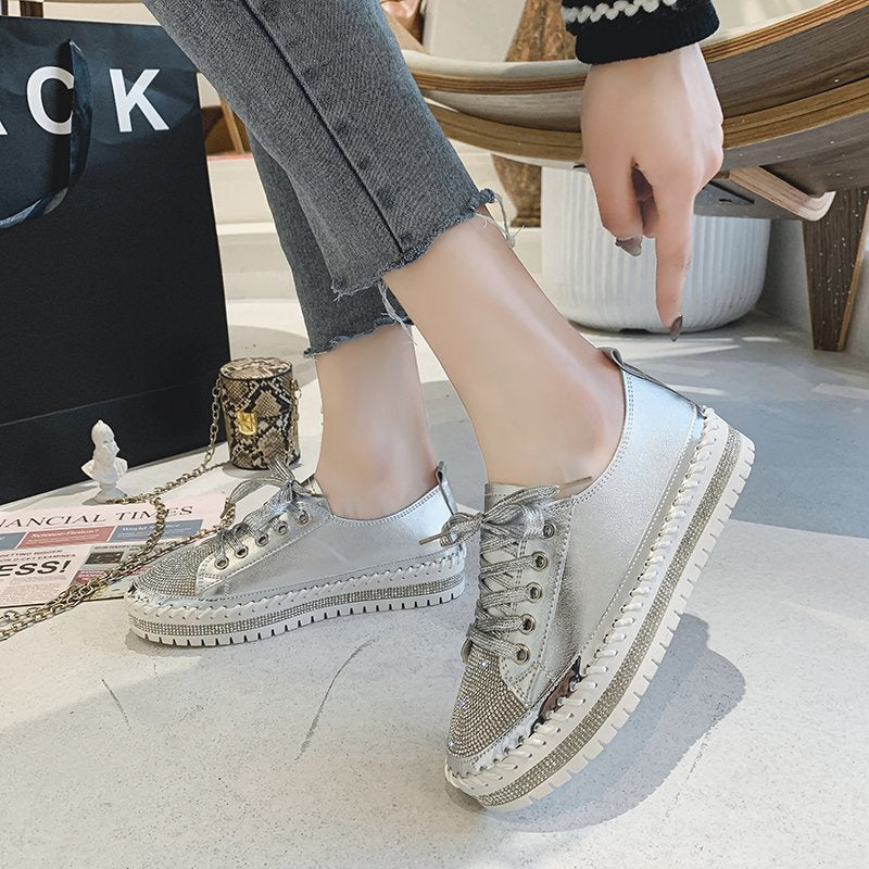 Zeitlose Diamant Silber Leder Sneakers