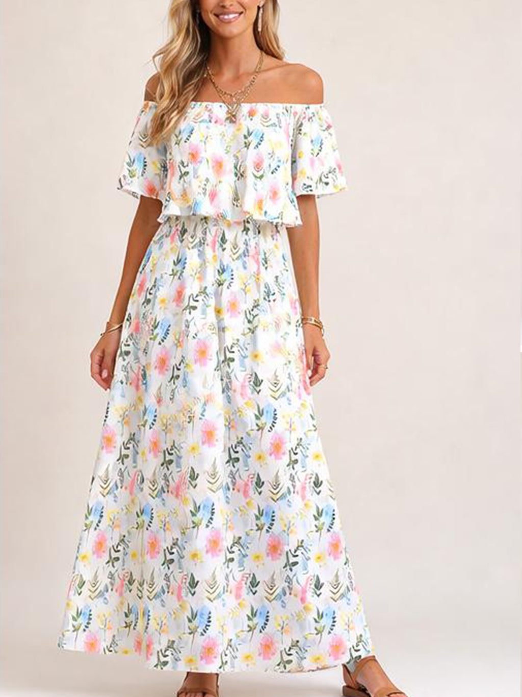 Damen Blumiges Schulterfreies Sommer-Maxikleid