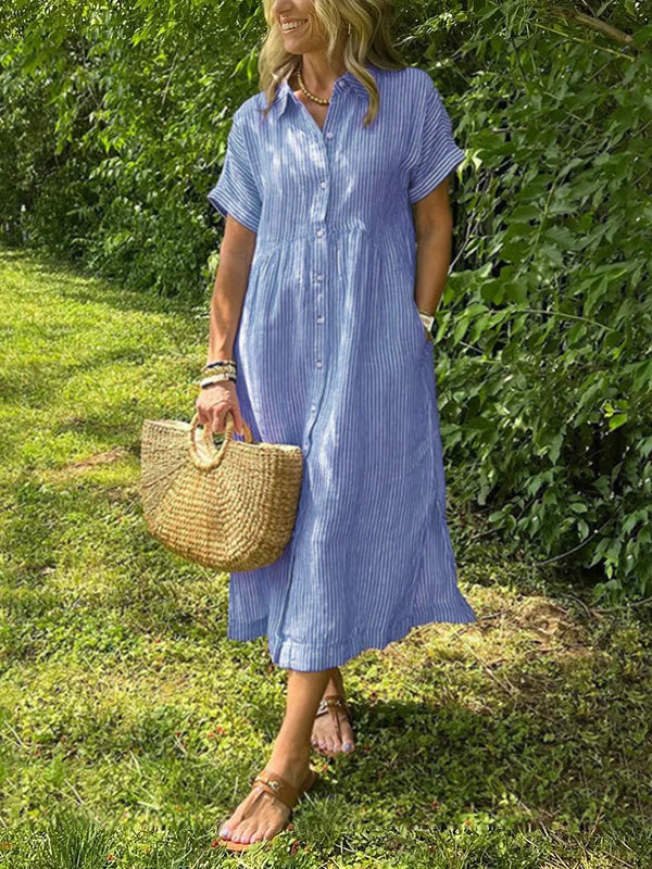 Gestreiftes Hemdblusenkleid mit Revers und Knöpfen für Damen