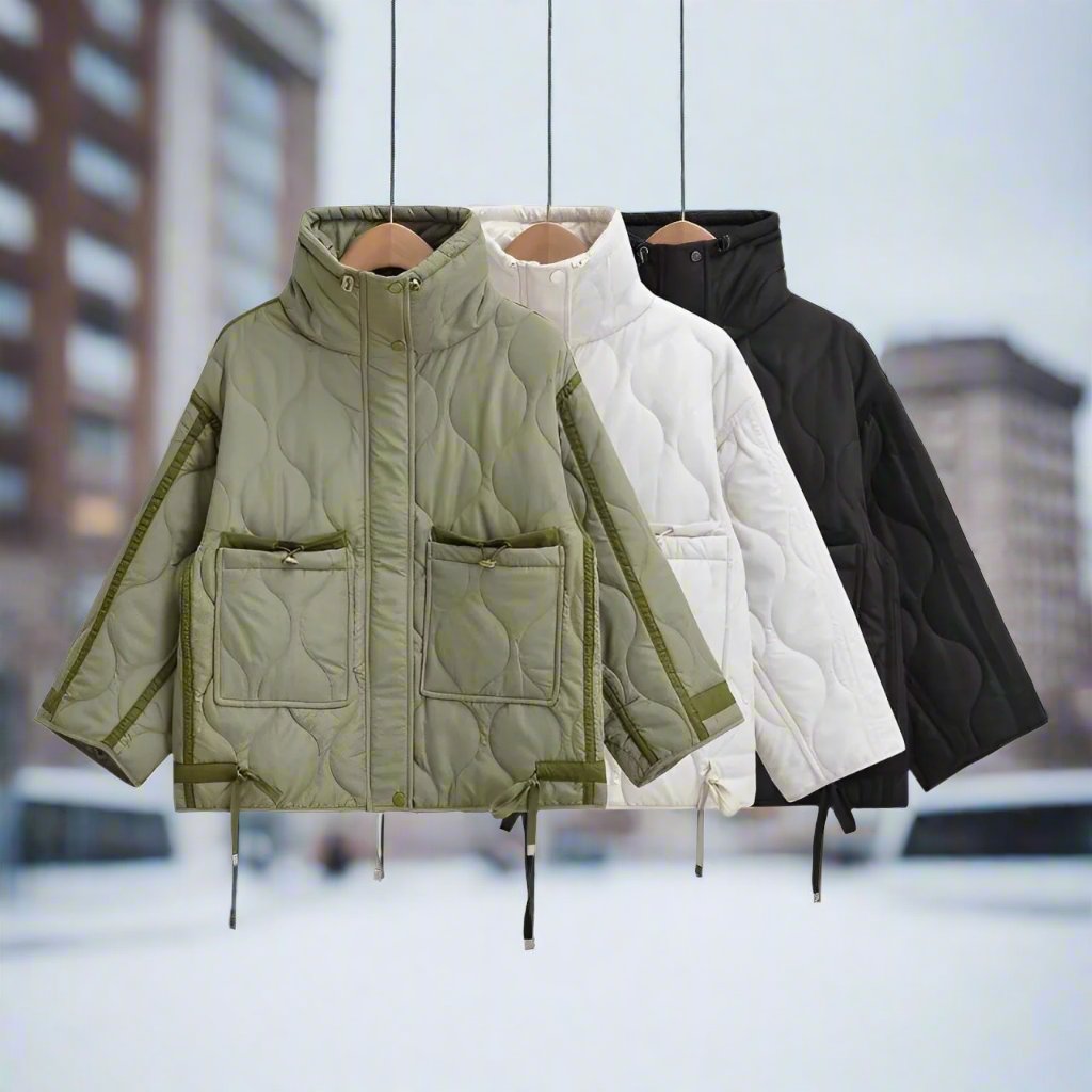 Damen-Baumwolljacke in Hüftlänge mit Stehkragen und Kordelzug