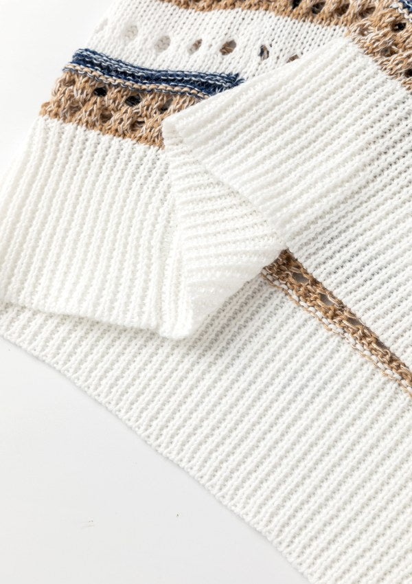 Lyann® | Gestreiftes Strickoberteil mit Lochmuster und halblangen Ärmeln