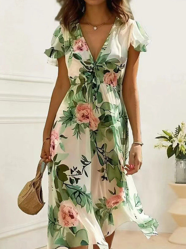 Marga® | Sommerliches Kleid mit Blumenmuster und Rüschensäumen, Eleganter Schnitt, Normale Passform