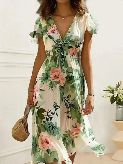 Marga® | Sommerliches Kleid mit Blumenmuster und Rüschensäumen, Eleganter Schnitt, Normale Passform