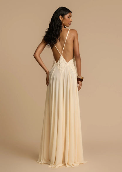 Weißes Maxikleid mit tiefem V-Ausschnitt und Spitze, luftig, für den Urlaub, Cami-Kleid