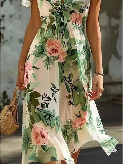 Marga® | Sommerliches Kleid mit Blumenmuster und Rüschensäumen, Eleganter Schnitt, Normale Passform