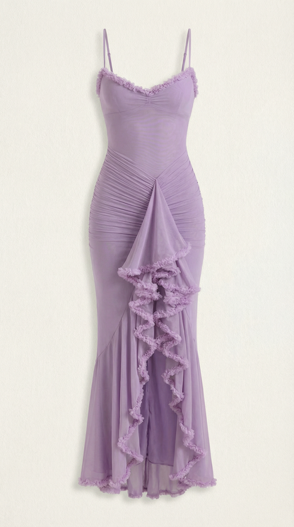 Damen Maxikleid mit Volants und asymmetrischem Saum