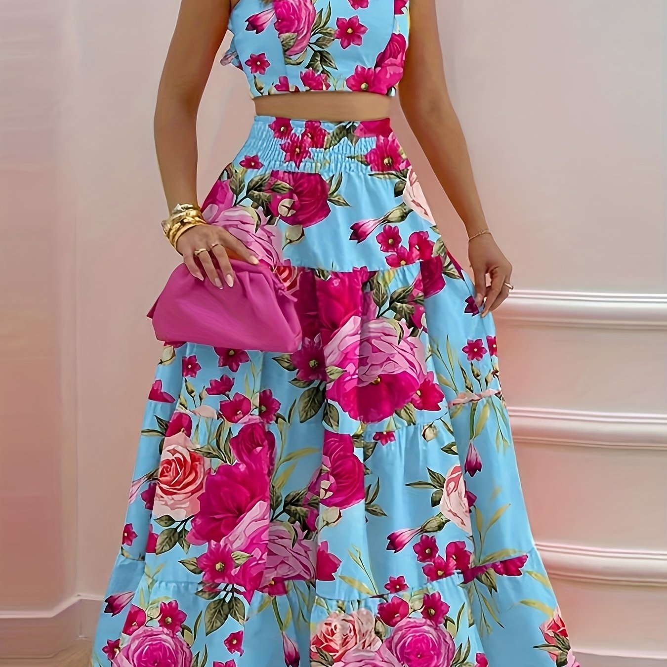 Blumiges Rüschen-Bustier-Top und ausgestelltes Maxirock-Set