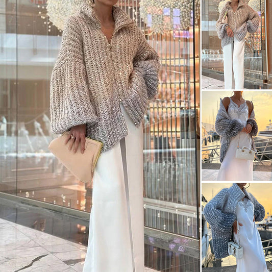 Gestrickter Strickjacke mit Glitzer-Pailletten