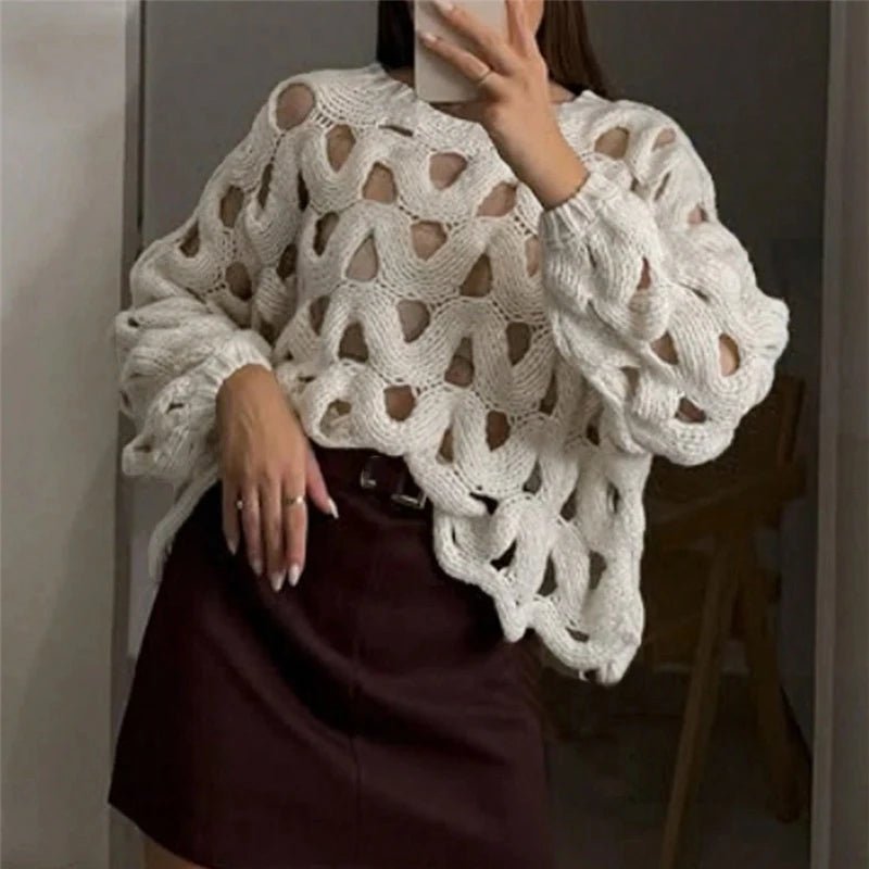 Damen Pullover mit langen Ärmeln und Häkelstrickmuster