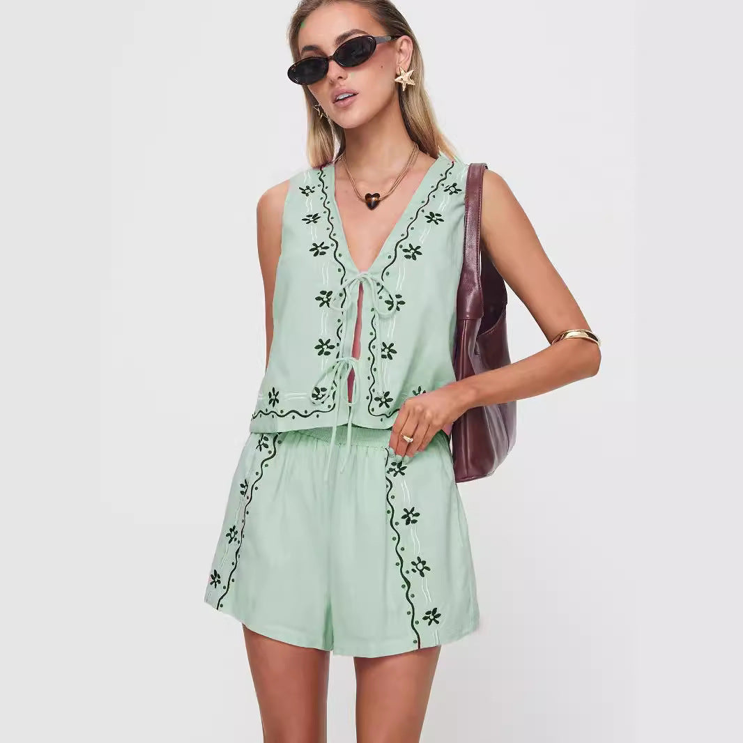 Damen Zweiteiliges Sommer-Set mit Blumenstickerei