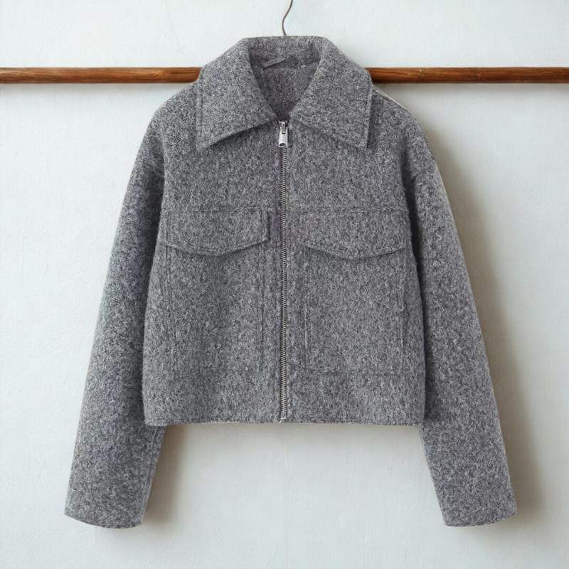 Boxy Fit Damenkurzjacke mit spitzem Kragen und Frontreißverschluss