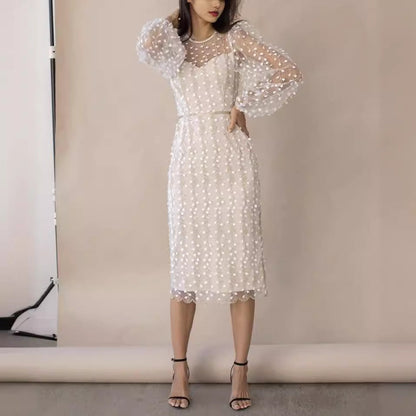 Damen Kleid mit transparenten Puffärmeln und Blumenstickerei