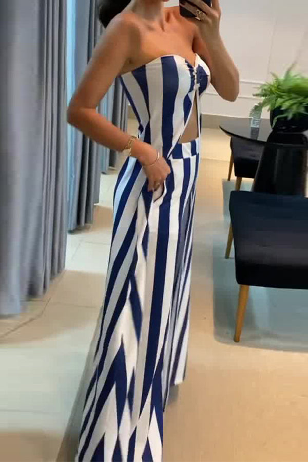 Gestreiftes Off-Shoulder-Oberteil und lockeres gerades Hosen-Set mit Taschen
