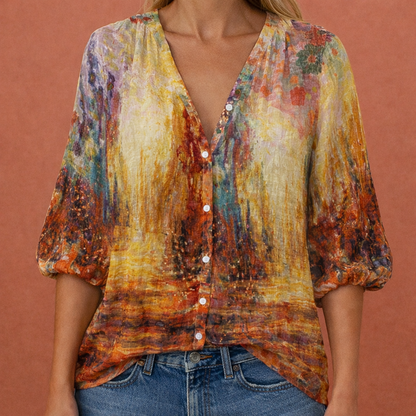 Damen V-Ausschnitt Bedruckte Bluse mit Knopfleiste