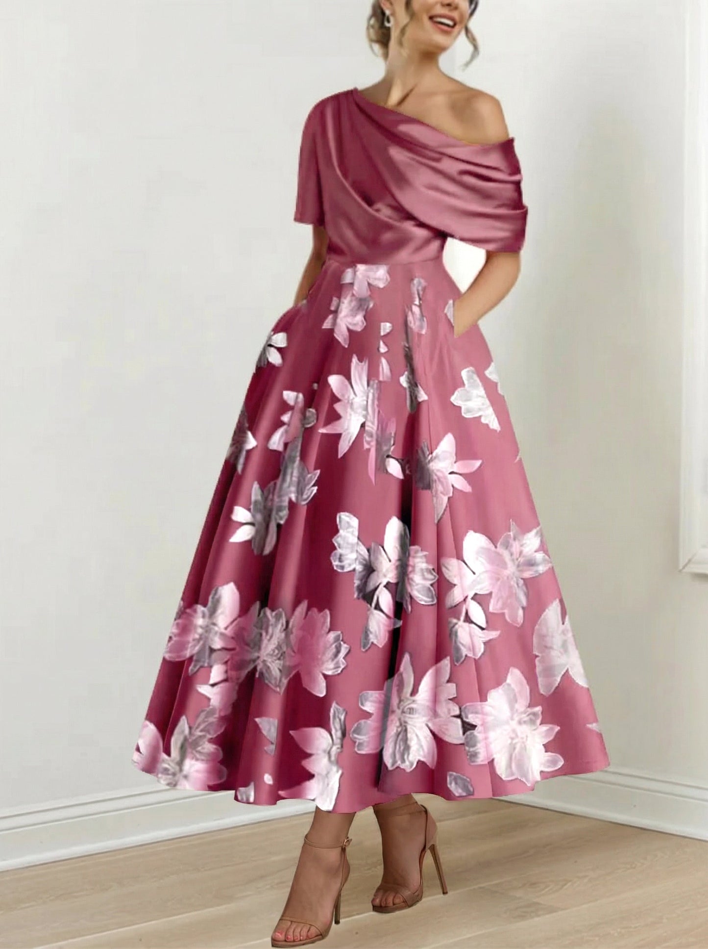 Ein-Schulter Bedrucktes Blumen A-Linien Kleid für die Mutter der Braut