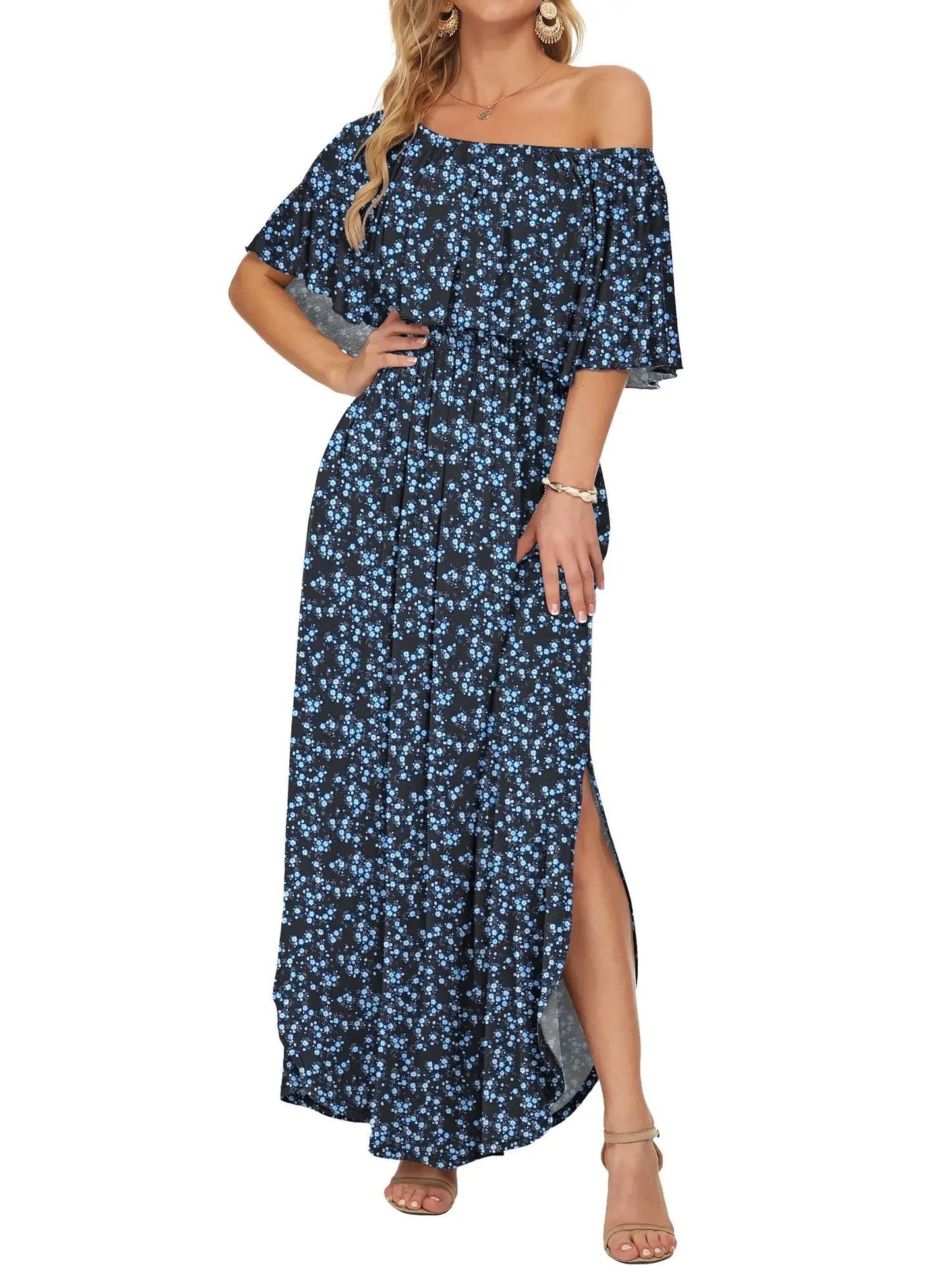 Damen Blumiges Schulterfreies Sommer-Maxikleid
