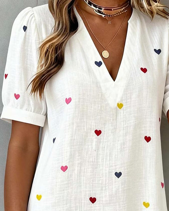 Buntes Herzmuster V-Ausschnitt Kleid