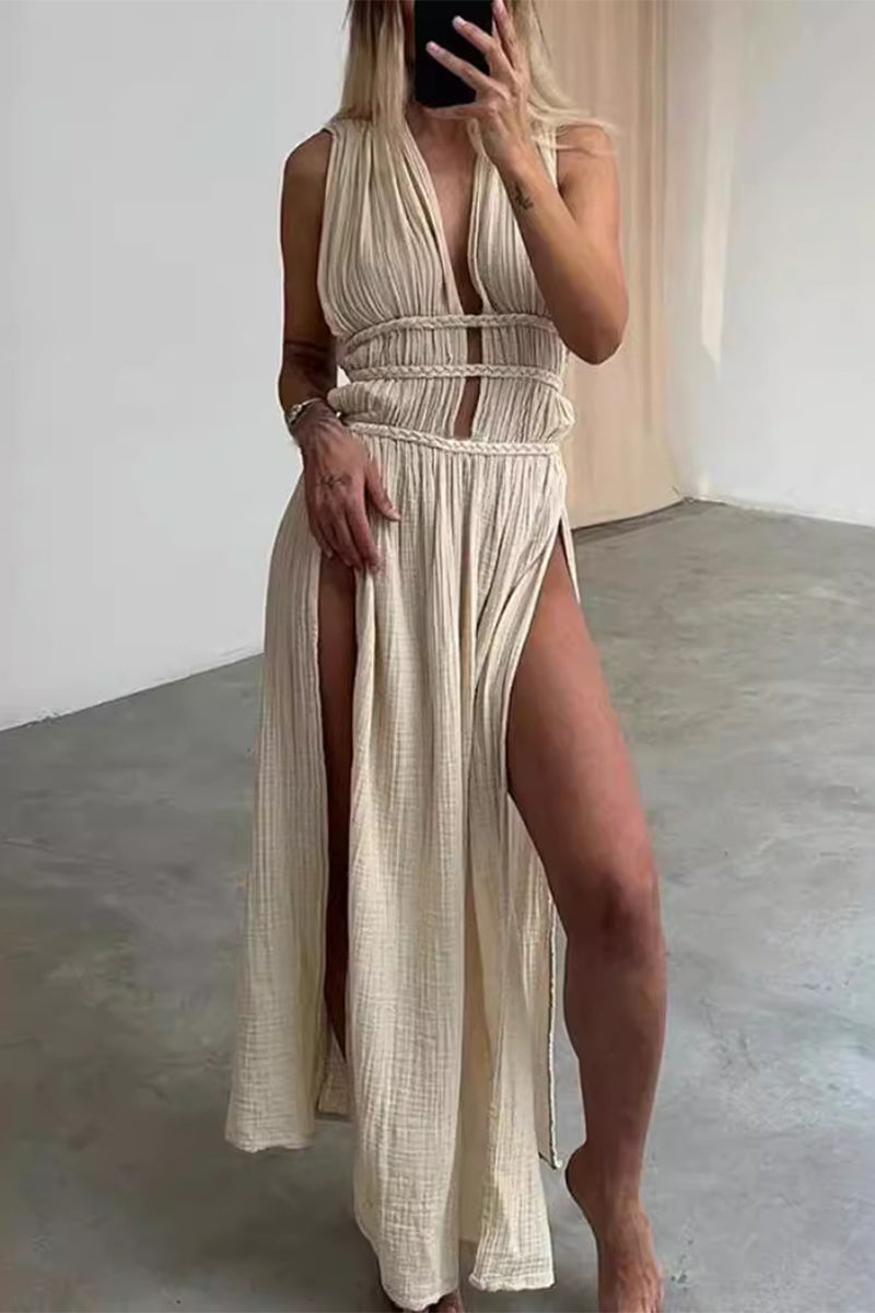 Böhmisches V-Ausschnitt Strandkleid mit Schlitz