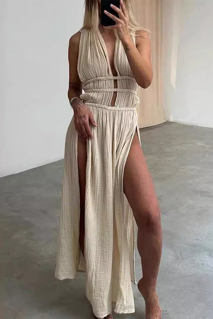Böhmisches V-Ausschnitt Strandkleid mit Schlitz