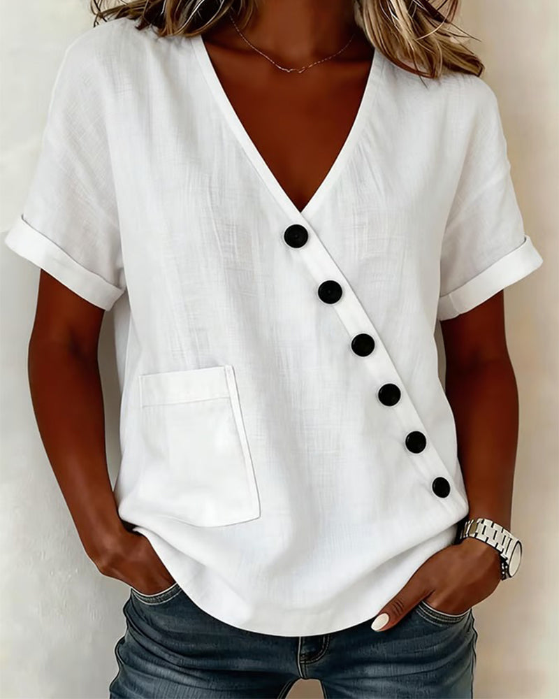 Baumwollbluse mit V-Ausschnitt und diagonaler Knopfleiste